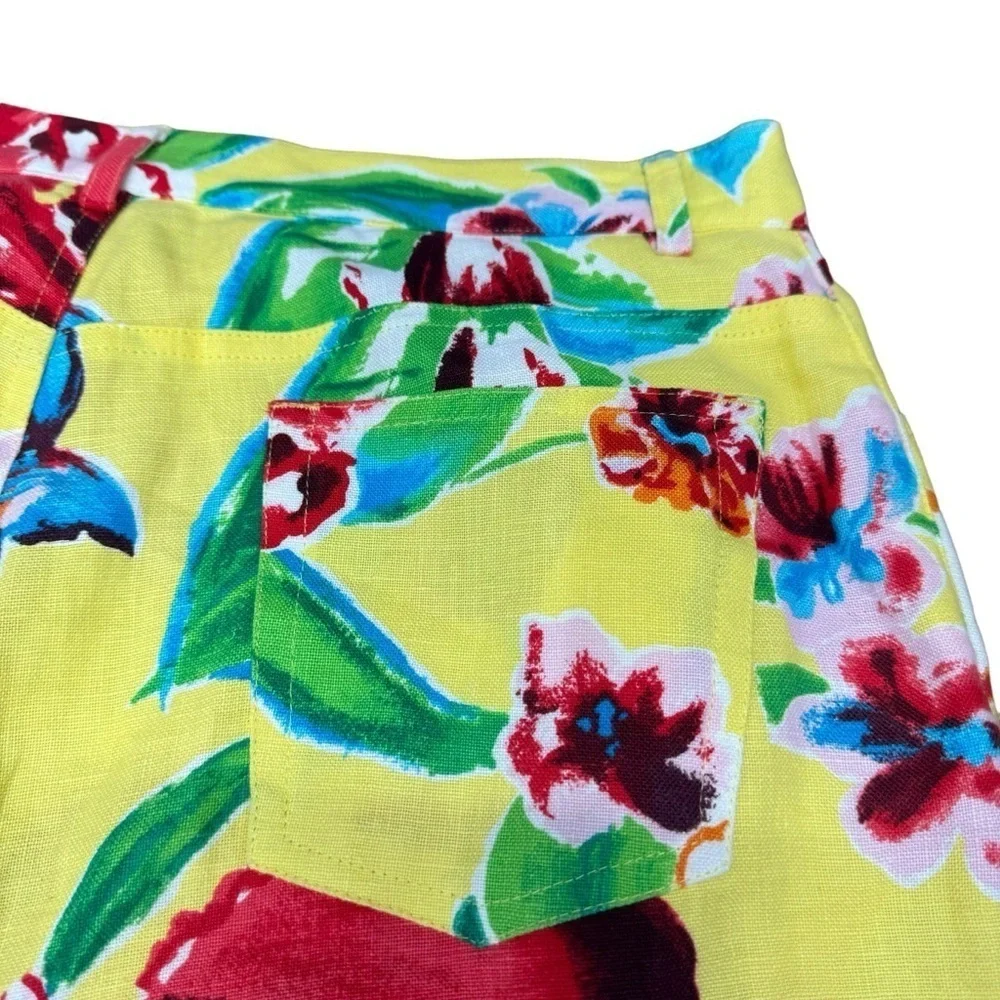 Lauren Ralph Lauren Linen Cropped Pants Women’s 8 Yellow Floral Tropical Hawaii - Picture 9 of 16